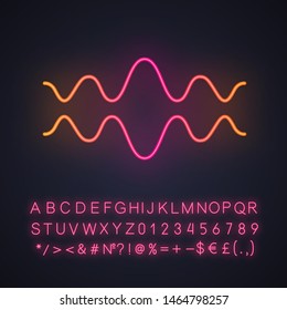 Fluid wave neon light icon. Flowing wavy lines. Music rhythm, soundwave. Equalizer, sound volume level abstract curve. Glowing sign with alphabet, numbers and symbols. Vector isolated illustration