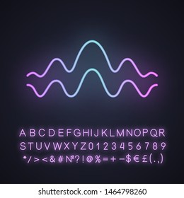 Fluid wave neon light icon. Flowing wavy lines. Music rhythm, digital soundwave, melody waveform. Equalizer abstract curve. Glowing sign with alphabet, numbers and symbol. Vector isolated illustration