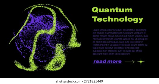 Forma ondulada fluida hecha de densos puntos de partículas brillantes en vibrantes contornos de color verde lima llenos de púrpura sobre un fondo negro. Ilustración vectorial conceptual para tecnología cuántica, ondas de partículas, superposición y temas de computación avanzada.