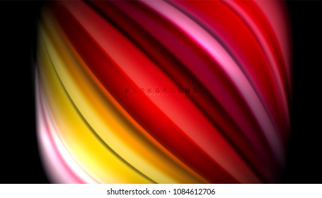 Fluid wavy multicolored lines on black, vector background, dynamic motion pattern