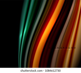 Fluid wavy multicolored lines on black, vector background, dynamic motion pattern
