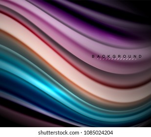 Líneas multicolores onduladas fluidas en negro, fondo vectorial, patrón de movimiento dinámico