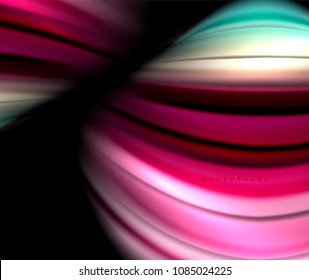Fluid wavy multicolored lines on black, vector background, dynamic motion pattern