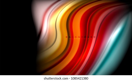 Fluid wavy multicolored lines on black, vector background, dynamic motion pattern