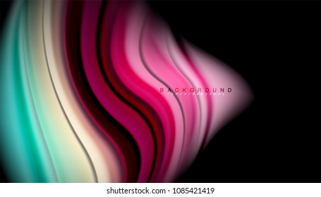 Fluid wavy multicolored lines on black, vector background, dynamic motion pattern