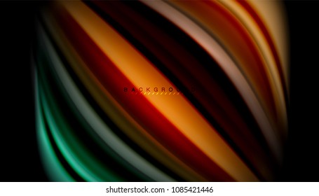 Fluid wavy multicolored lines on black, vector background, dynamic motion pattern