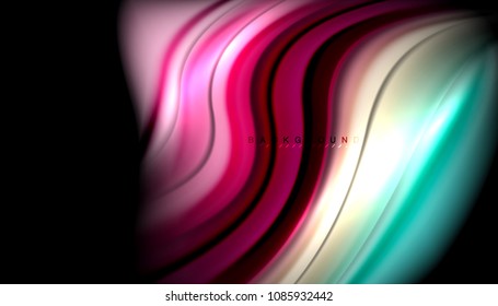 Fluid wavy multicolored lines on black, vector background, dynamic motion pattern