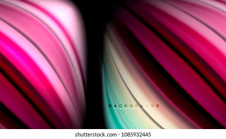 Fluid wavy multicolored lines on black, vector background, dynamic motion pattern