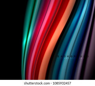 Fluid wavy multicolored lines on black, vector background, dynamic motion pattern