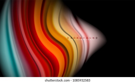 Fluid wavy multicolored lines on black, vector background, dynamic motion pattern
