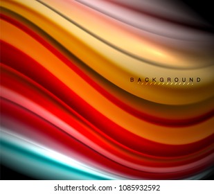 Líneas multicolores onduladas fluidas en negro, fondo vectorial, patrón de movimiento dinámico