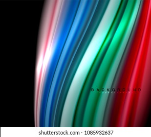 Fluid wavy multicolored lines on black, vector background, dynamic motion pattern