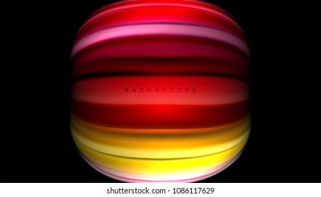 Fluid wavy multicolored lines on black, vector background, dynamic motion pattern