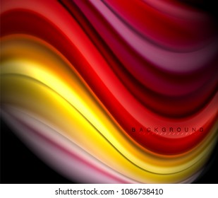 Fluid wavy multicolored lines on black, vector background, dynamic motion pattern