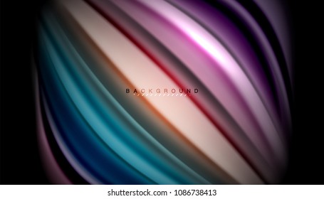 Fluid wavy multicolored lines on black, vector background, dynamic motion pattern