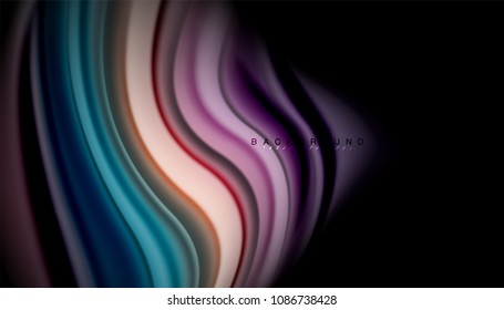 Fluid wavy multicolored lines on black, vector background, dynamic motion pattern