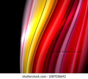 Fluid wavy multicolored lines on black, vector background, dynamic motion pattern