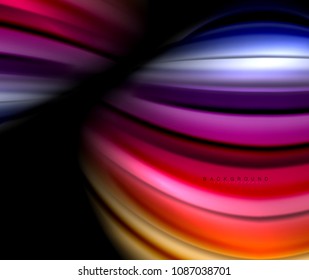 Fluid wavy multicolored lines on black, vector background, dynamic motion pattern