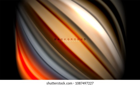 Líneas multicolores onduladas fluidas en negro, fondo vectorial, patrón de movimiento dinámico