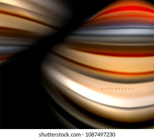Fluid wavy multicolored lines on black, vector background, dynamic motion pattern