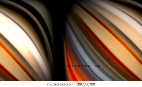 Fluid wavy multicolored lines on black, vector background, dynamic motion pattern