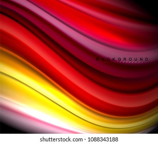 Líneas multicolores onduladas fluidas en negro, fondo vectorial, patrón de movimiento dinámico