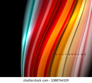 Fluid wavy multicolored lines on black, vector background, dynamic motion pattern