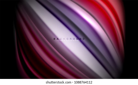 Linhas onduladas fluidas multicoloridas em preto, plano de fundo vetorial, padrão de movimento dinâmico