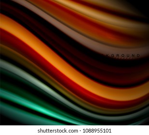 Linhas onduladas fluidas multicoloridas em preto, plano de fundo vetorial, padrão de movimento dinâmico