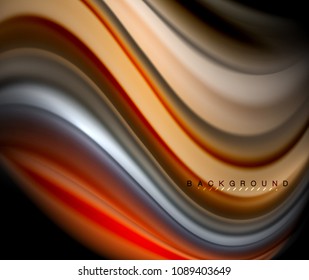 Fluid wavy multicolored lines on black, vector background, dynamic motion pattern