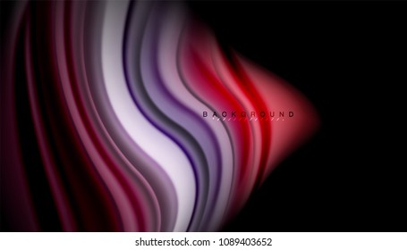 Fluid wavy multicolored lines on black, vector background, dynamic motion pattern