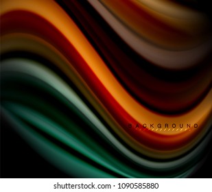 Líneas multicolores onduladas fluidas en negro, fondo vectorial, patrón de movimiento dinámico