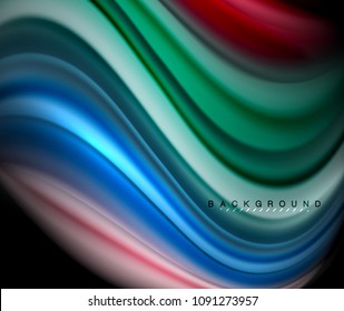 Fluid wavy multicolored lines on black, vector background, dynamic motion pattern