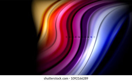 Líneas multicolores onduladas fluidas en negro, fondo vectorial, patrón de movimiento dinámico