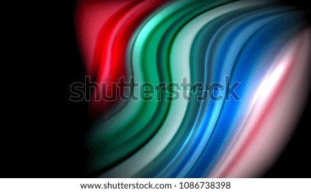 Fluid wavy multicolored lines on black, vector background, dynamic motion pattern