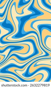 A fluid, wavy pattern with a retro psychedelic style. The color palette includes blue, cream, and yellow orange tones, with organic, flowing shapes that create a sense of motion and depth.
