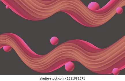 "fluidity". Vector illustration abstract digital art yellow, red, pink colors on a dark gray background. The composition includes floating spheres in teal, creating a sense of depth and fluidity.