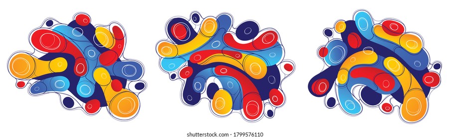 Fluids colorful liquid shapes in motion vector abstract graphic design elements set, dynamic modern art flowing and changing forms, gradients lava bubbles collection.