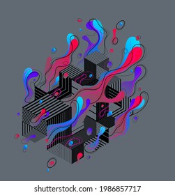 Fluids colorful liquid shapes in motion with geometric lines vector abstract graphic design element, dynamic modern art flowing and changing forms, gradients lava bubbles.