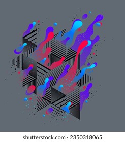 Fluids colorful liquid shapes in motion with geometric lines vector abstract graphic design element, dynamic modern art flowing and changing forms, gradients lava bubbles.