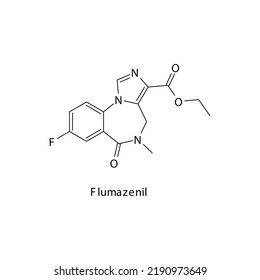 Flumazenil molecule flat skeletal structure, Benzodiazepine class drug used as benzodiazepine antidote. Vector illustration on white background.