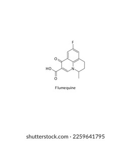 Flumequine flat skeletal molecular structure 1st generation Fluoroquinolone antibiotic drug used in treatment. Vector illustration.