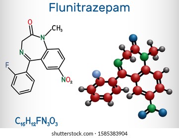 Flunitrazepam drug molecule. It has hypnotic, sedative, anxiolytic properties. Structural chemical formula and molecule model. Vector illustration