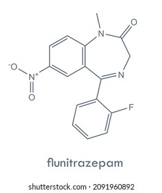 Flunitrazepam structure. Benzodiazepine drug used to treat insomnia. Skeletal formula.