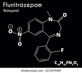 Molécula de flunitrosepam aislada sobre fondo negro. Medicamento recreativo. Ilustración vectorial.