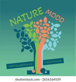 Fluo colored tree on gradient green background, title: nature Mood. Vector cover