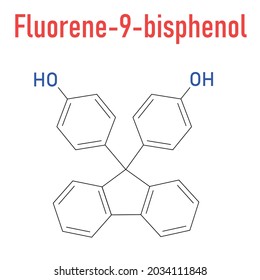Fluorene-9-bisphenol (BHPF) molecule. Used as alternative to bisphenol A (BPA) but found to be endocrine disruptor as well. Skeletal formula.