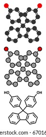 Fluorene-9-bisphenol (BHPF) molecule. Used as alternative to bisphenol A (BPA) but found to be endocrine disruptor as well. Conventional skeletal formula and stylized representations.