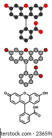 Fluorescein fluorescent molecule. Conventional skeletal formula and stylized representations.