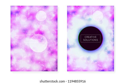 Fluorescent background with liquid neon shapes. Purple fluid. Luminous cover with bauhaus gradient. Graphic template for flyer, ui, magazine, poster, banner and app. Sunburst fluorescent background.